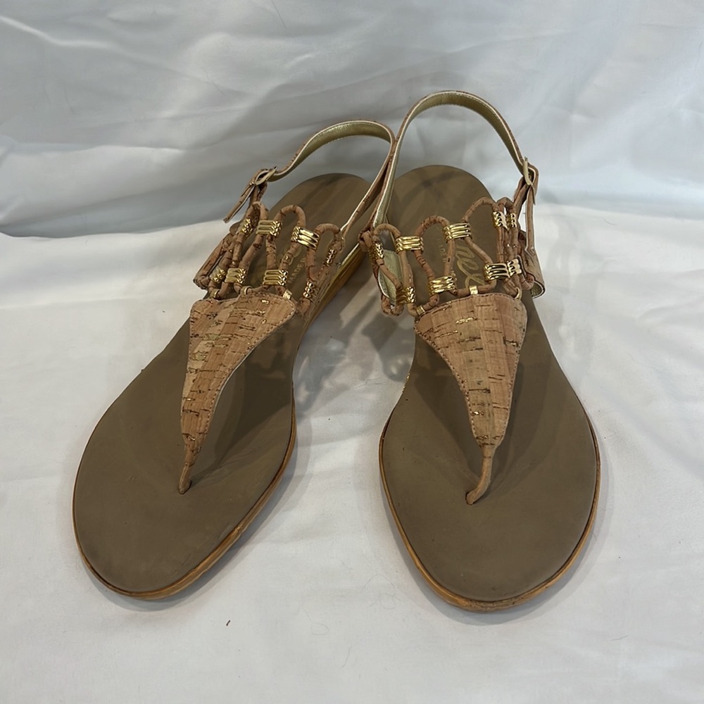 Onex Cork & Gold Thong Wedge Sandal size 10 (fits like 9-9.5)